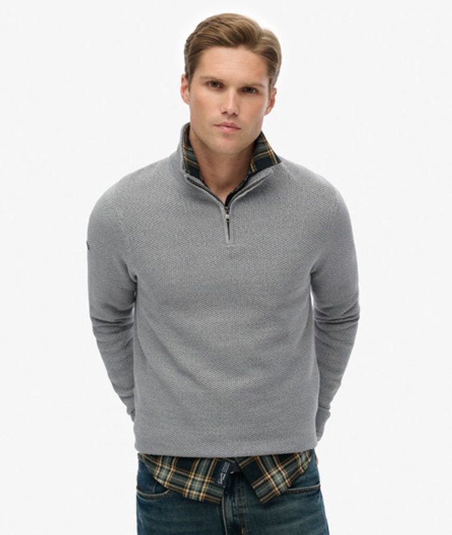 Superdry Herren Strukturierter Baumwollpullover mit Halblangem Reißverschluss Light Grey - Größe: Xxl von Superdry
