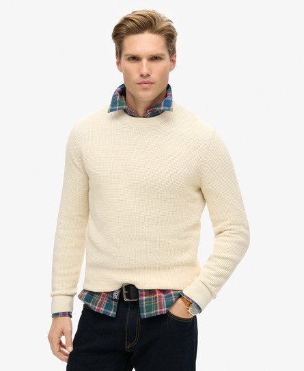 Superdry Men's Strukturierter Strickpullover mit Rundhalsausschnitt Creme - Größe: L von Superdry