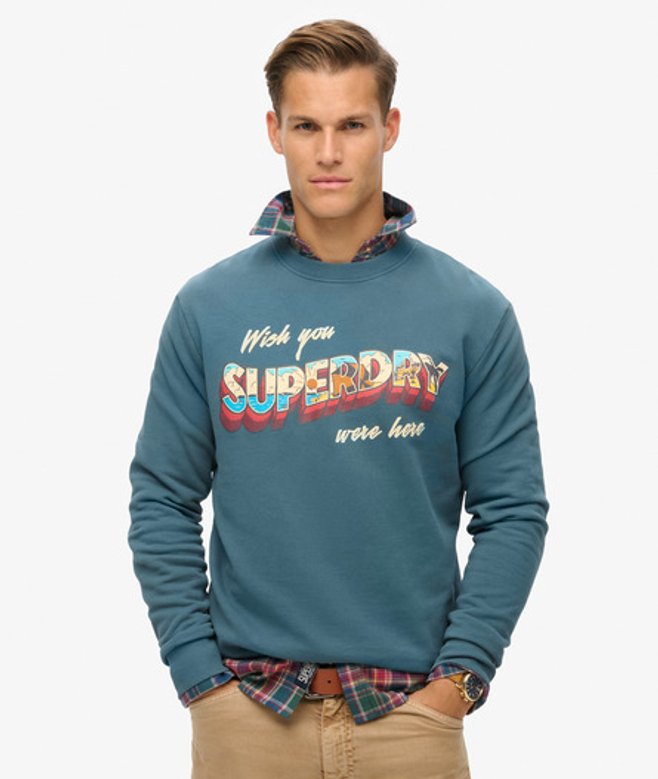 Superdry Herren Blau Travel Postcard Sweatshirt mit Rundhalsausschnitt und Grafik, Größe: M von Superdry