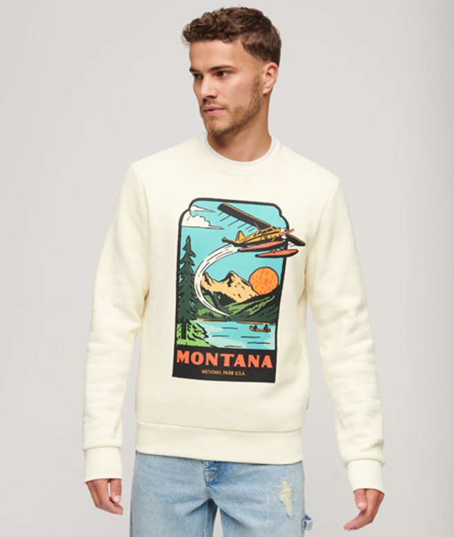 Superdry Herren Travel Postcard Sweatshirt mit Rundhalsausschnitt und Grafik Weiß - Größe: L von Superdry