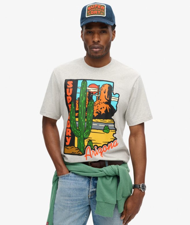 Superdry Herren Travel Postcard T-shirt mit Grafikprint Hellgrau - Größe: S von Superdry