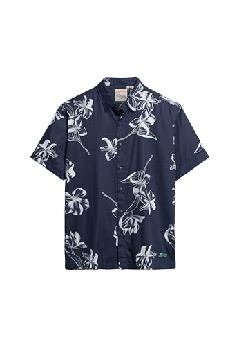 Superdry Herren Kurzärmeliges Hawaiihemd Einfarbig Marineblau Hibiskus XXXL von Superdry