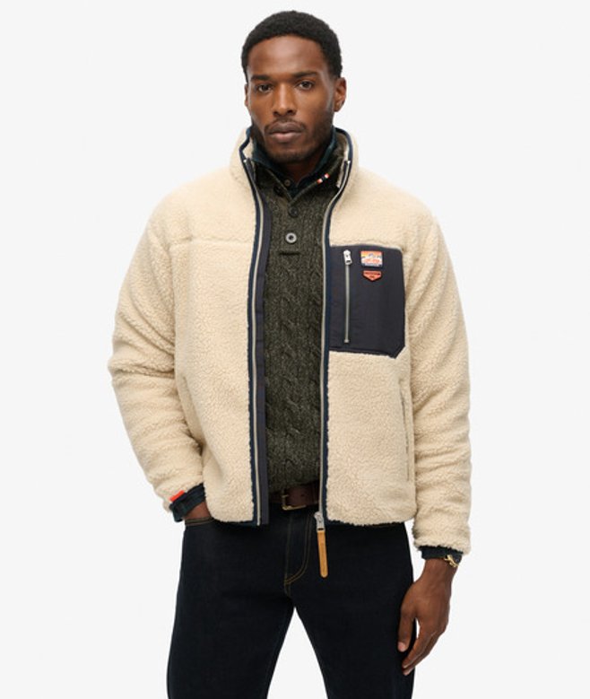 Superdry Herren Beige und Schwarz Vintage Retro Fleecejacke mit Durchgehendem Reißverschluss, Größe: XXL von Superdry