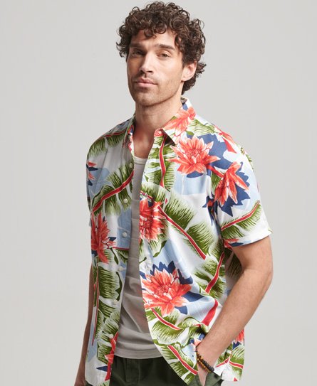 Superdry Herren Weiß, Grün und Rot Kurzärmeliges Hawaiihemd Bedruckt, Größe: M Weiß/Grün/Rot - Größe: M von Superdry