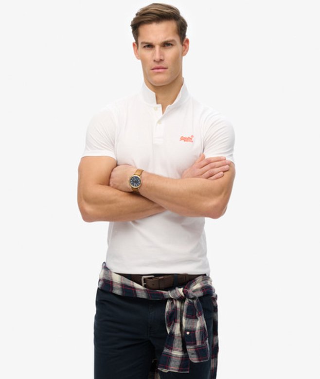 Superdry Herren Weiß Essential Jersey-Polohemd Mit Neonfarbenem Logo Bestickt, Größe: L von Superdry