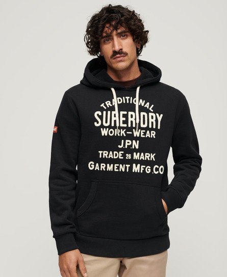 Superdry Herren Workwear Hoodie mit Beflockter Grafik Schwarz - Größe: L von Superdry