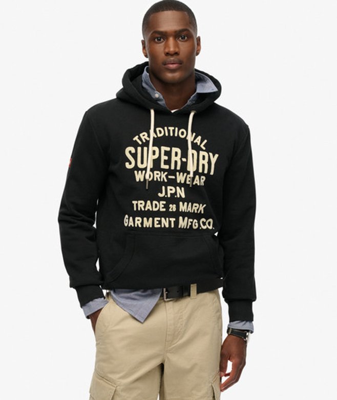 Superdry Herren Workwear Hoodie mit Beflockter Grafik Schwarz - Größe: M von Superdry