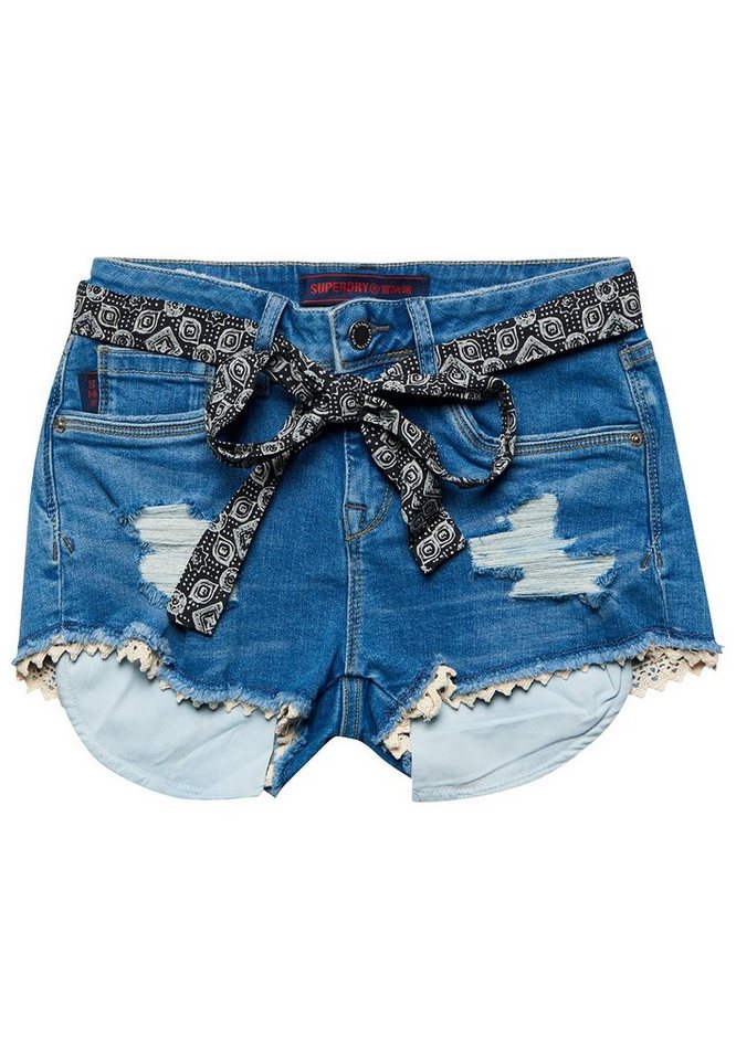 Superdry Jeansshorts Superdry Damen Shorts LACE HOT SHORT Mid Indigo Destroy Mittelblau von Superdry