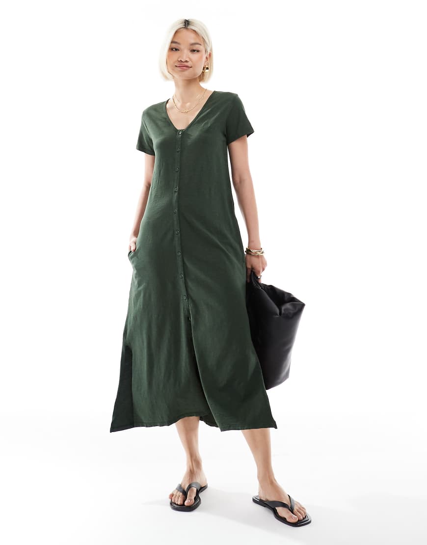 Superdry - Kurzärmliges Midikleid aus Jersey in Beuteltaschengrün mit Knopfleiste von Superdry