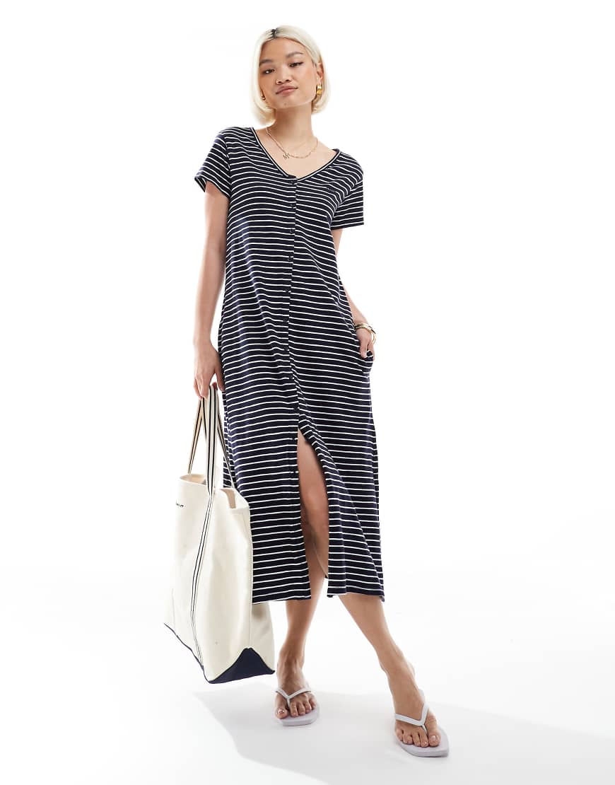 Superdry - Kurzärmliges Midikleid aus Jersey in Marineblau und Optischweiß gestreift mit Knopfleiste von Superdry