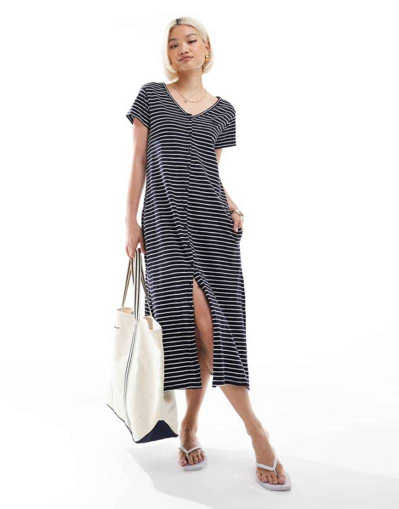 Superdry - Kurzärmliges Midikleid aus Jersey in Marineblau und Optischweiß gestreift mit Knopfleiste von Superdry