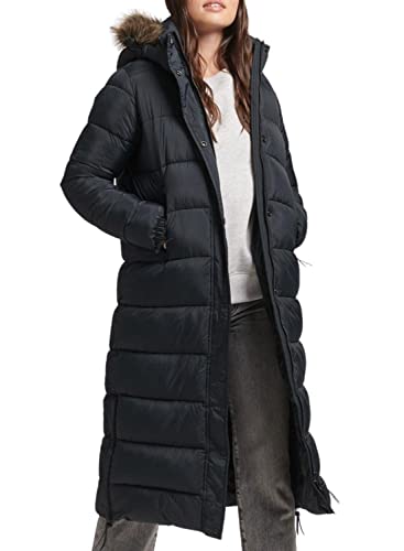 Superdry Damen Lange Steppjacke mit Kapuze mit Kunstfellbesatz Tiefschwarz 38 von Superdry