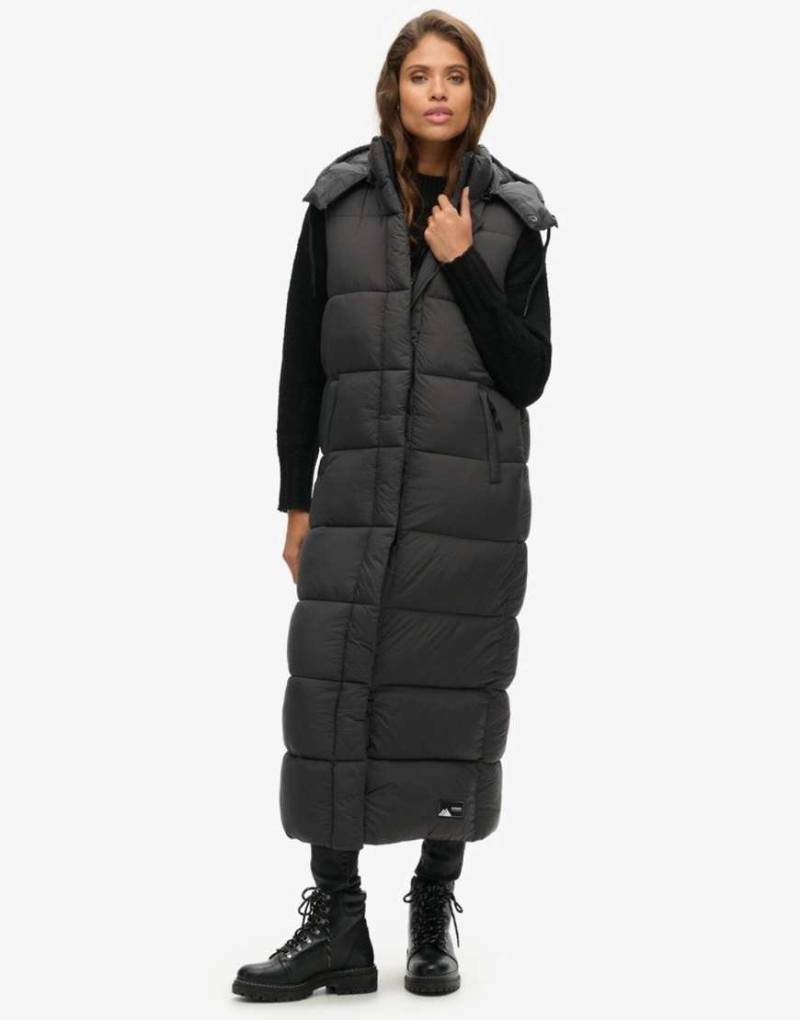 Superdry - Longline-Weste aus Ripstop in Schwarz mit Gittermuster und Kapuze von Superdry