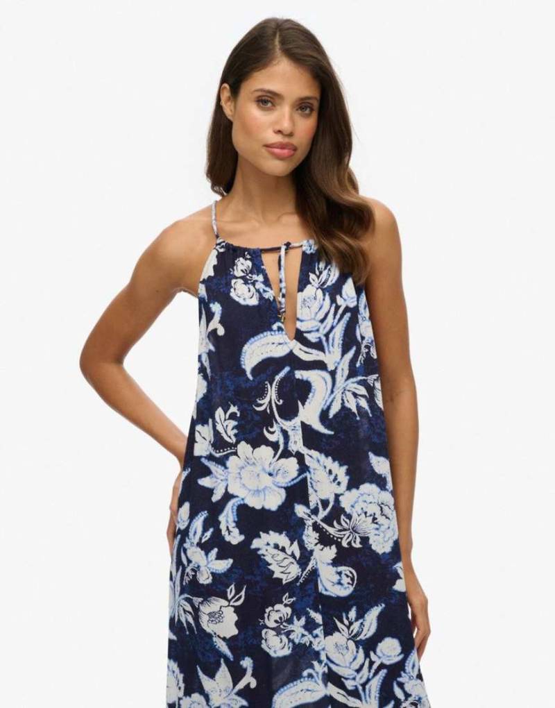 Superdry - Maxi-Strandkleid in Blau mit Riemchenträgern und Chrissy-Print von Superdry