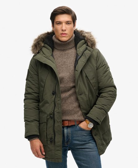 Superdry Men's Everest Parka mit Kapuze und Kunstfellbesatz Grün - Größe: S von Superdry