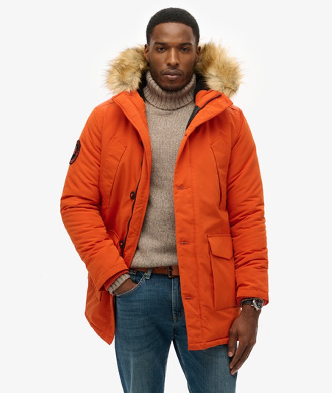 Superdry Herren Everest Parka mit Kapuze und Kunstfellbesatz Orange - Größe: M von Superdry