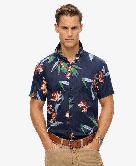 Superdry Men's Herren Marineblau, Grün und Braun Kurzärmeliges Hawaiihemd Bedruckt, Größe: L - Größe: L von Superdry