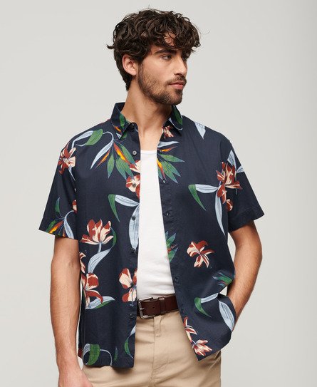 Superdry Men's Herren Marineblau, Grün und Braun Kurzärmeliges Hawaiihemd Bedruckt, Größe: M - Größe: M von Superdry