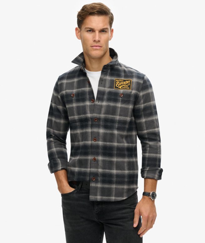 Superdry Herren Baumwolle Karierte Hemdjacke mit Stickerei, Dunkelgrau - Größe: M von Superdry