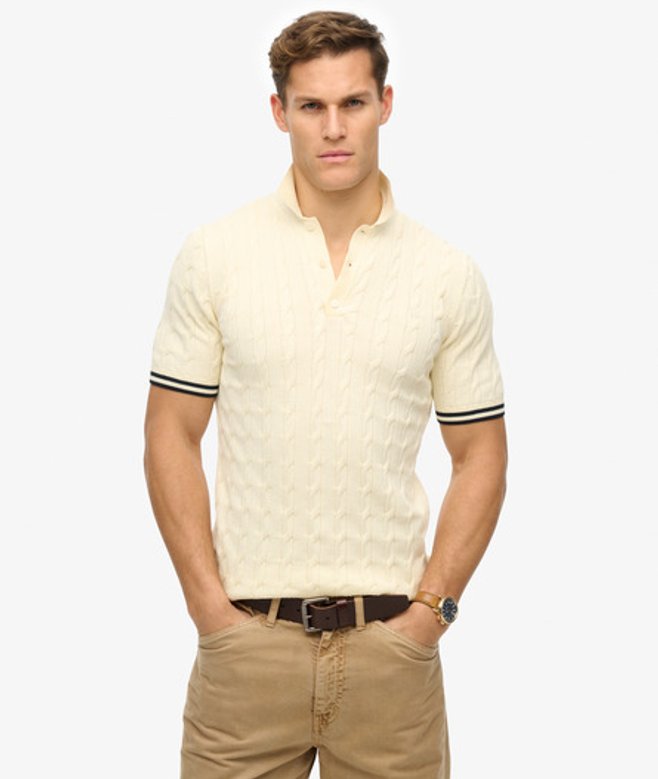Superdry Men's Kurzärmeliges Strick-polohemd mit Struktur Creme - Größe: L von Superdry