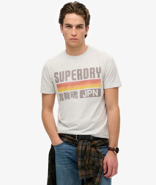 Superdry Herren Baumwolle Grafik Lässiges Japan T-Shirt mit Streifen, Weißgrau - Größe: XL von Superdry