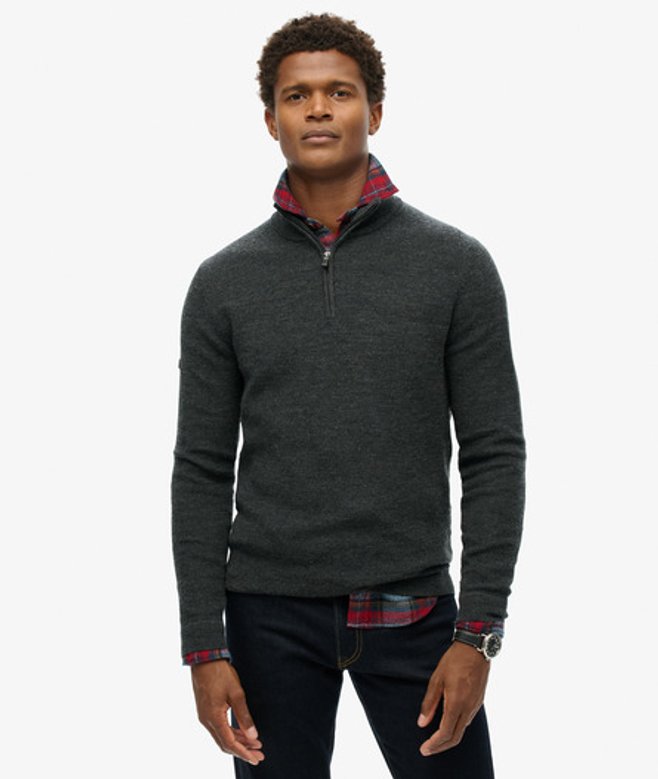 Superdry Herren Merino-pullover mit Halblangem Reißverschluss Dunkelgrau - Größe: L von Superdry