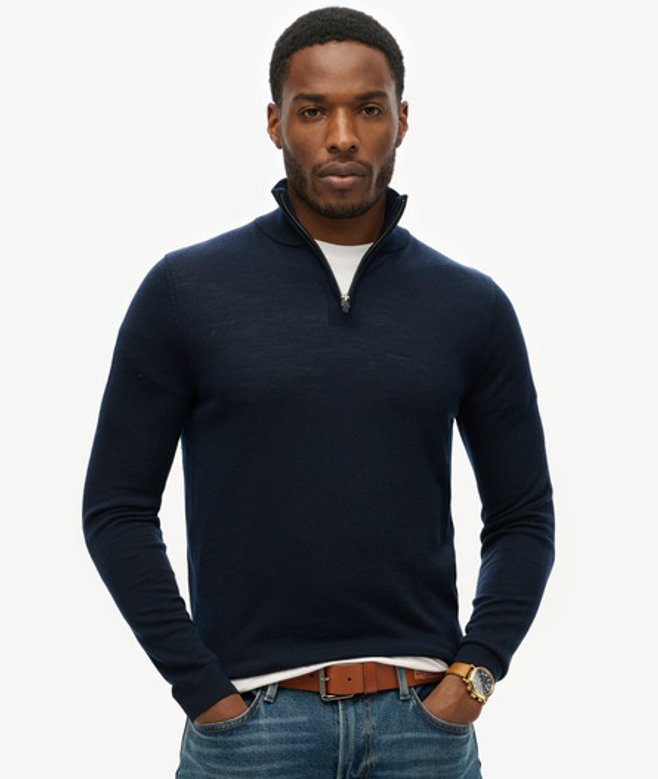 Superdry Herren Merino Wolle Pullover mit Halblangem Reißverschluss, Marineblau - Größe: XXL von Superdry