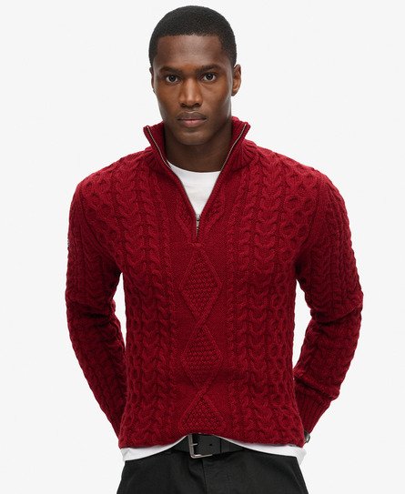 Superdry Men's Vintage Jacob Zopfstrickpullover mit Halblangem Reißverschluss Rot - Größe: Xxxl von Superdry