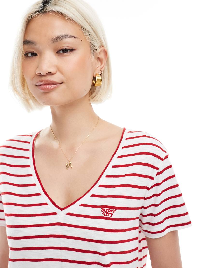 Superdry - Slub - T-Shirt in College-Rot/Optischweiß gestreift mit Stickerei und V-Ausschnitt von Superdry