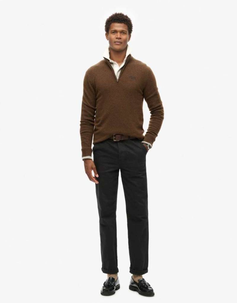 Superdry - Strickpullover in Waldlandbraun mit kurzem Reißverschluss und Stickerei-Blau von Superdry