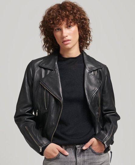 Superdry Women's Bikerjacke aus Leder Schwarz - Größe: 36 von Superdry