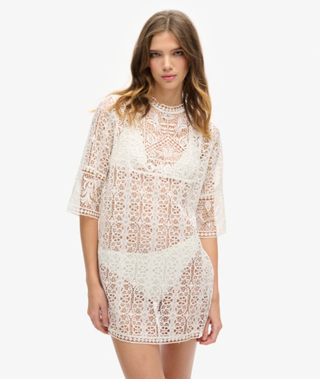 Superdry Women's Damen Creme Strand-minikleid Mit Spitze, Größe: 6-8 - Größe: 6-8 von Superdry