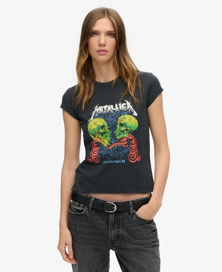 Superdry Women's Damen Schwarz, Grün und Blau Metallica T-Shirt mit Flügelärmeln Bedruckt, Größe: 36 - Größe: 36 von Superdry