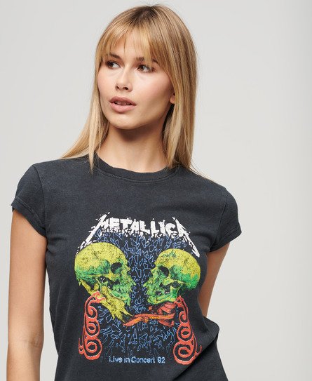 Superdry Women's Damen Schwarz, Grün und Blau Metallica T-Shirt mit Flügelärmeln Bedruckt, Größe: 40 - Größe: 40 von Superdry