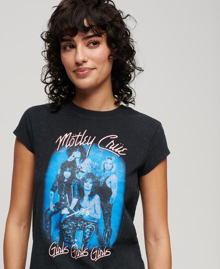 Superdry Women's Damen Schwarz und Blau Mötley Crüe T-Shirt mit Flügelärmeln Bedruckt, Größe: 36 - Größe: 36 von Superdry