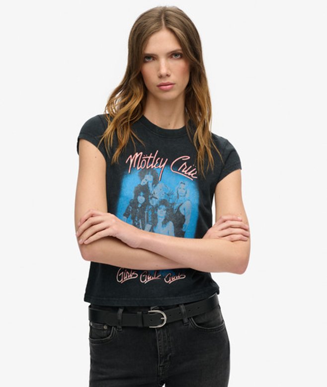 Superdry Women's Damen Schwarz und Blau Mötley Crüe T-Shirt mit Flügelärmeln Bedruckt, Größe: 36 - Größe: 36 von Superdry