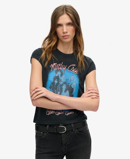 Superdry Women's Damen Schwarz und Blau Mötley Crüe T-Shirt mit Flügelärmeln Bedruckt, Größe: 40 - Größe: 40 von Superdry