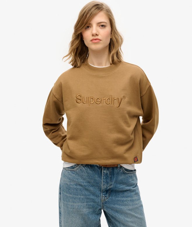 Superdry Damen Baumwolle Embroidered Core Logo Loose Crew Sweatshirt, Braun - Größe: 42 von Superdry