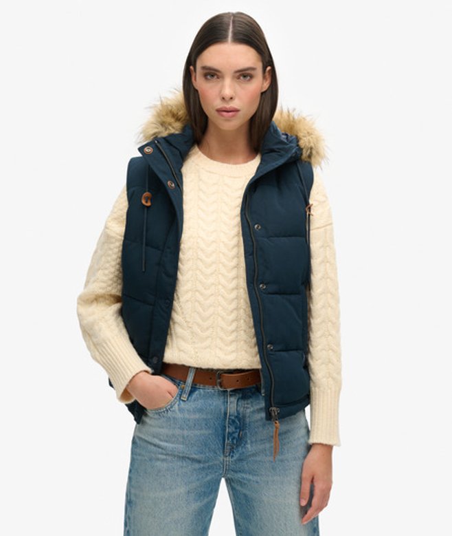 Superdry Damen Everest Kunstfell-weste Marineblau - Größe: 38 von Superdry