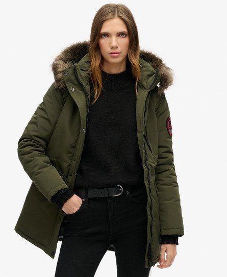 Superdry Women's Everest Parka mit Kapuze und Kunstfellbesatz Kaki - Größe: 34 von Superdry