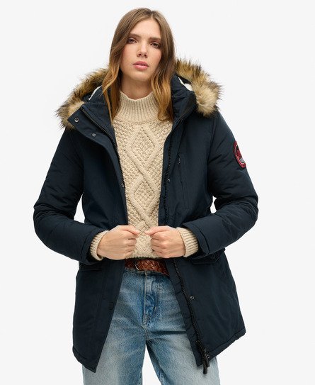 Superdry Women's Everest Parka mit Kapuze und Kunstfellbesatz Marineblau - Größe: 38 von Superdry