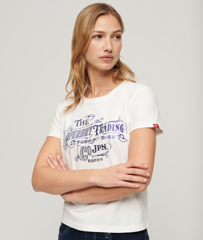 Superdry Women's Figurbetontes Workwear T-shirt mit Folien-print Creme - Größe: 42 von Superdry