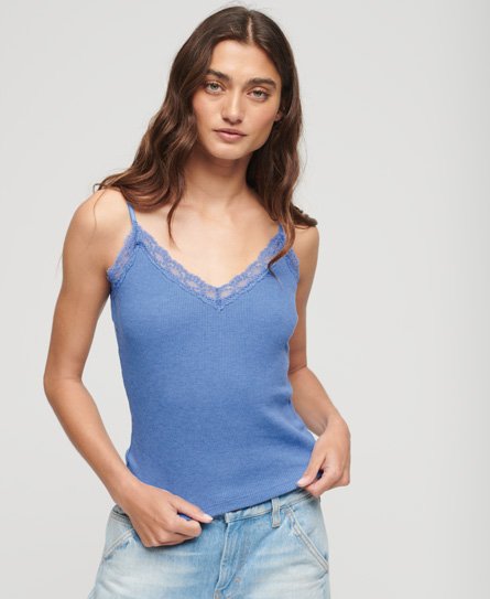 Superdry Women's Damen Blau Geripptes Essential Trägertop mit aus Bio-Baumwolle Spitze, Größe: M/L - Größe: M/L von Superdry