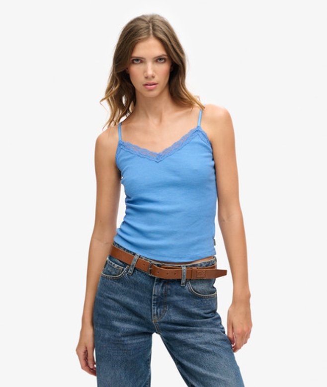 Superdry Damen Blau Geripptes Essential Trägertop mit aus Bio-baumwolle Spitze, Größe: XS/S - Größe: XS/S von Superdry