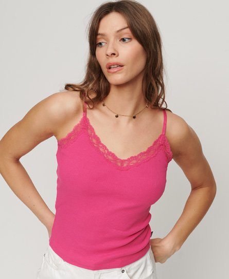 Superdry Women's Geripptes Essential Trägertop mit Spitze aus Bio-Baumwolle Pink - Größe: M/L von Superdry