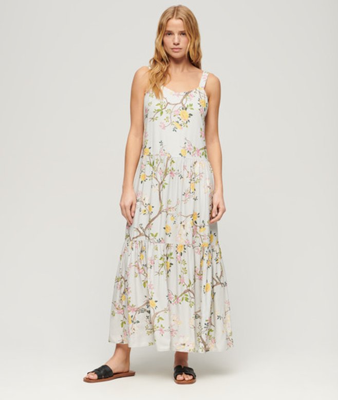 Superdry Damen Gestuftes Maxikleid aus Webstoff Grau/grün/gelb - Größe: 44 von Superdry