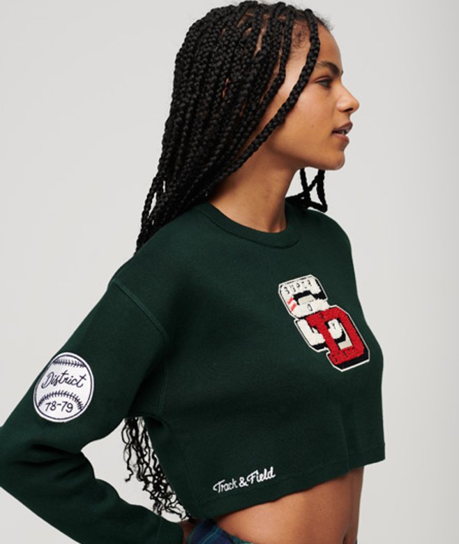 Superdry Women's Kurzer College-pullover mit Rundhalsausschnitt Grün - Größe: 40 von Superdry