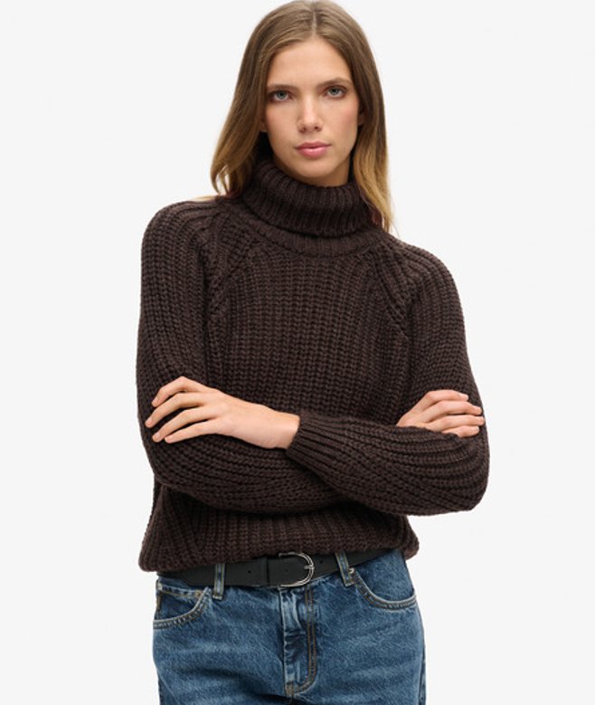 Superdry Damen Lässiger Strickpullover mit Rollkragen und Ziernaht Braun - Größe: 40 von Superdry