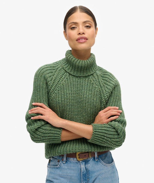 Superdry Damen Lässiger Strickpullover mit Rollkragen und Ziernaht Grün - Größe: 40 von Superdry