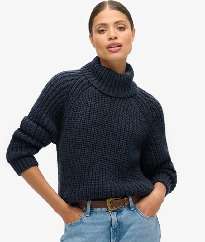 Superdry Damen Lässiger Strickpullover mit Rollkragen und Ziernaht Marineblau - Größe: 36 von Superdry